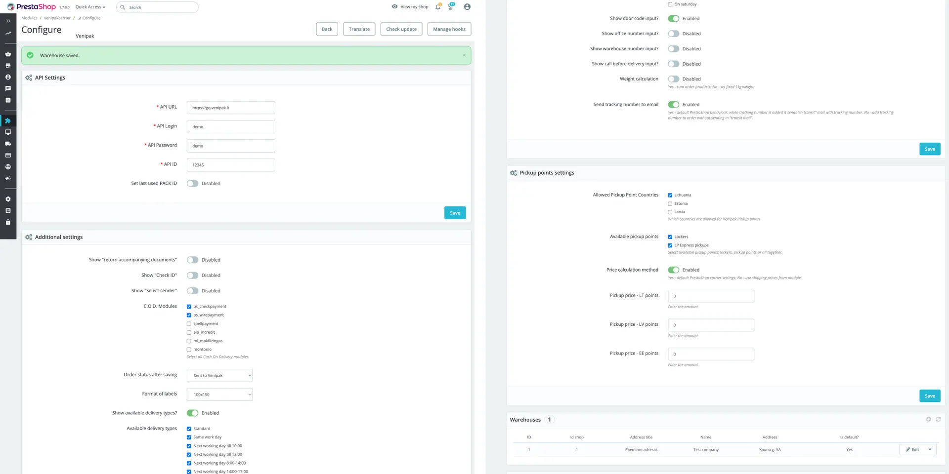 Venipak įskiepio nustatymai PrestaShop administravimo skiltyje