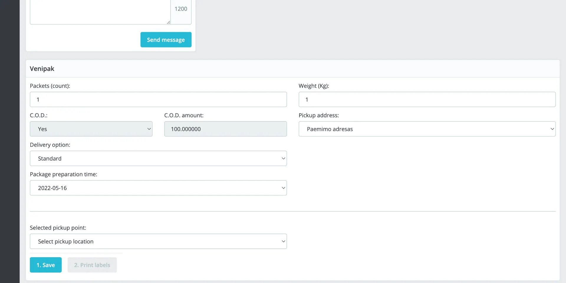 Venipak siuntos valdymas PrestaShop užsakyme